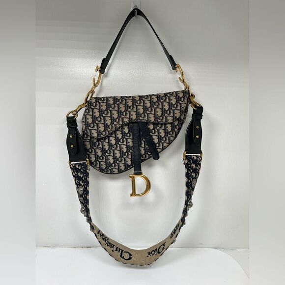 Auth DIOR/ChristianDior Saddlebags,Trotter - Navy Cream Jacquard Leather Handbag - Picture 1 of 11